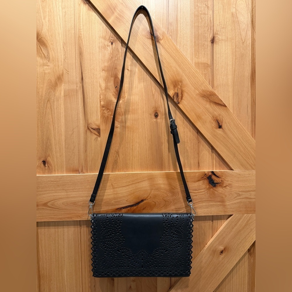 Moda Luxe Faux Leather Laser cut Boho Crossbody Bag Black Handbag